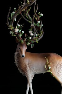 Collectible deer sculpture with white roses, fantasy OOAK 